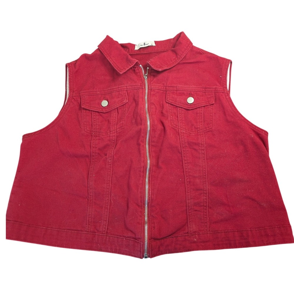 Agnes Orinda Red Cotton Denim Zip-Up Vest 2X